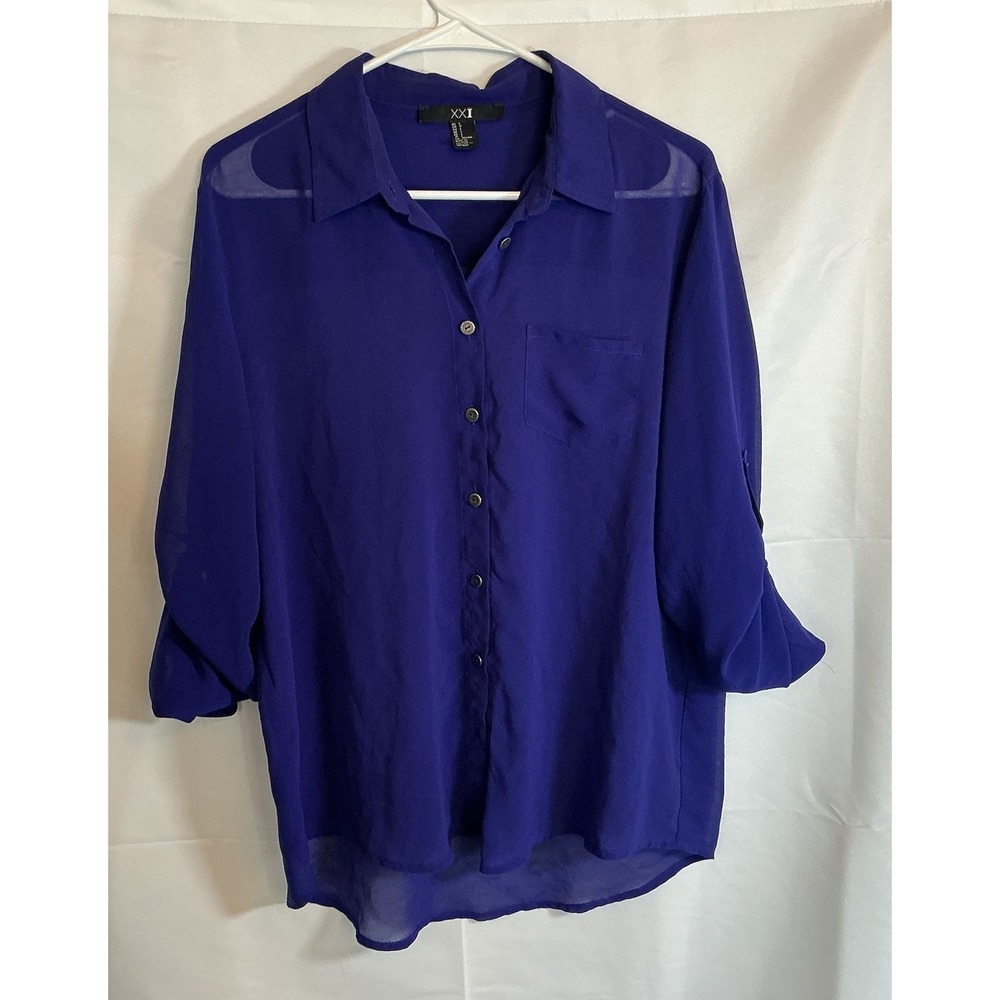 Women's XXI Button Up Shirt Size L Sheer Roll Tab Sleeve Hi Low Hem Flowy